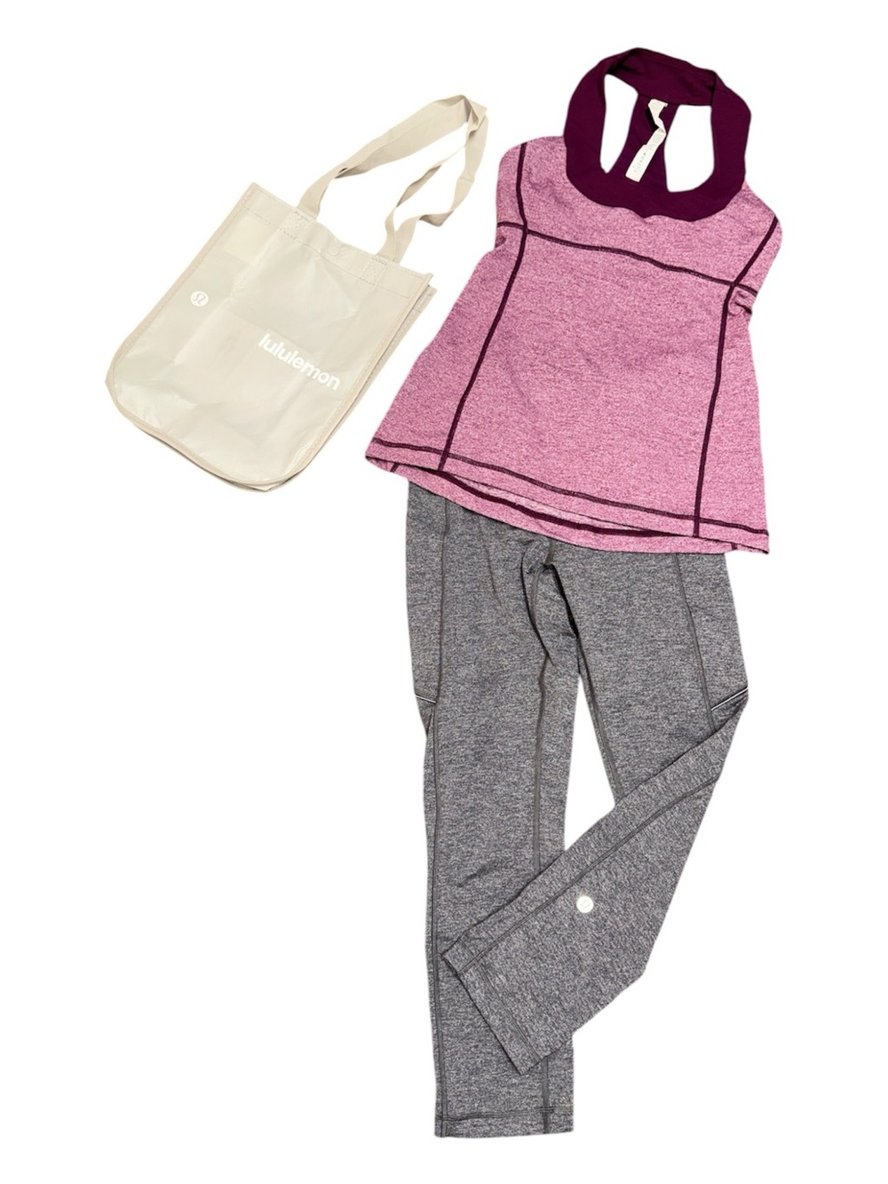 Lululemon Bundle Grey Leggings Magenta Tank Top + Shopping Nylon Tote Size 4 EUC